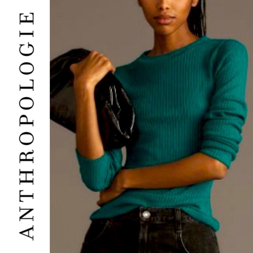 Pilcro Anthropologie Teal Ribbed Pullover Cotton Knit Top Preppy Cozy Size M